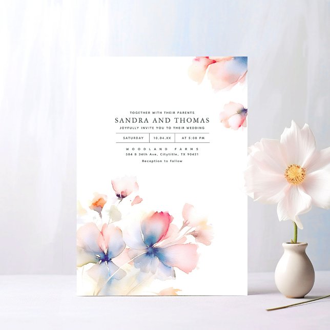 Invitation Fleurs rose bleu et or mariage élégant (Minimalist Soft Pastel Floral Wedding Invitations)