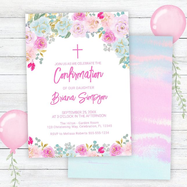 Invitation Fleurs Rose Bleu Pêche Violet Floral Confirmation (Créateur téléchargé)