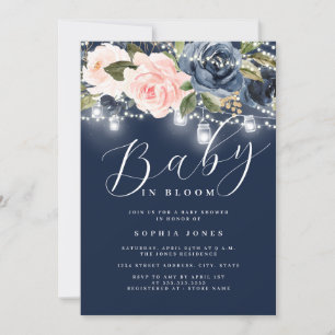 Invitation Fleurs rose blush Navy Baby en fleurs Baby Shower