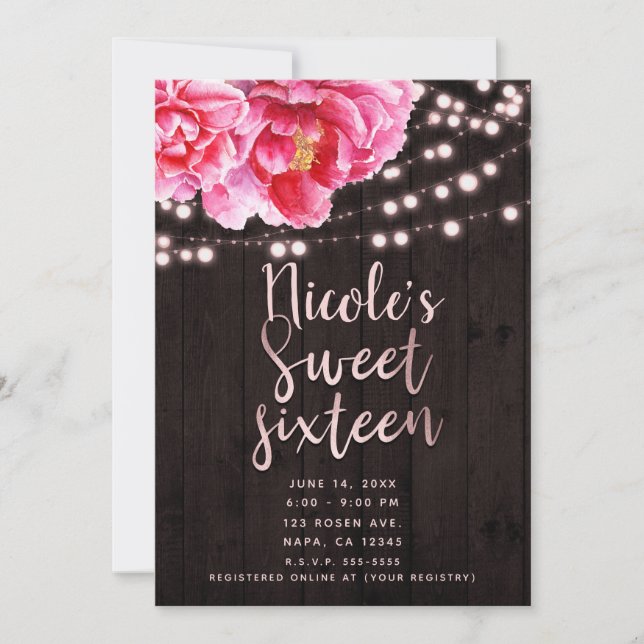 Invitation Fleurs Rose Brun Rustique Bois & Lumières Douce 16 (Devant)
