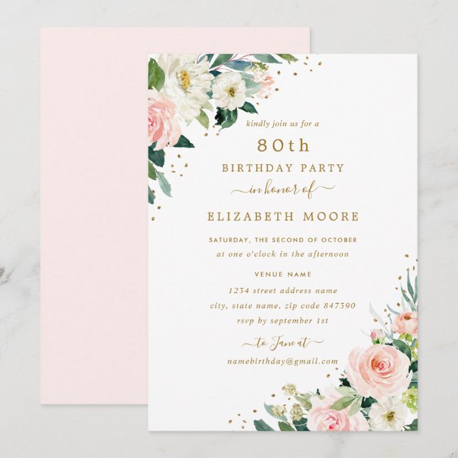 Invitation Fleurs rose doré pour 80e anniversaire (Devant / Derrière)