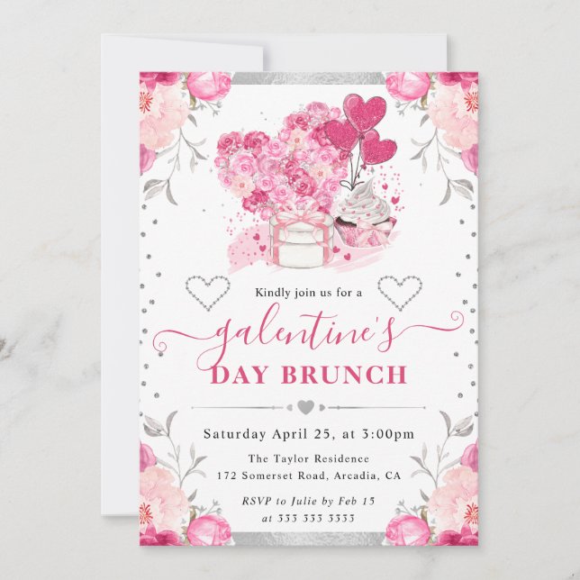 Invitation Fleurs rose et argent aquarelle Galentine's Day (Devant)