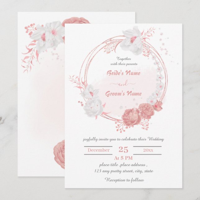 Invitation fleurs rose et blanche mariage de couronne botaniq (Devant / Derrière)