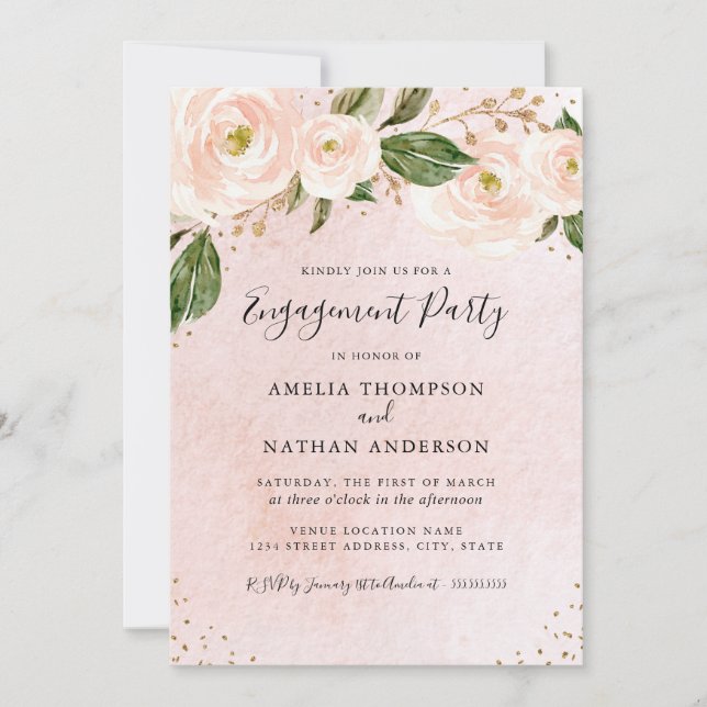 Invitation Fleurs rose et doré pour fiançailles et fête (Devant)
