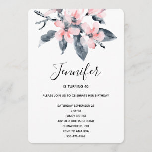 Invitation Fleurs rose et gris Aquarelle classique Anniversai