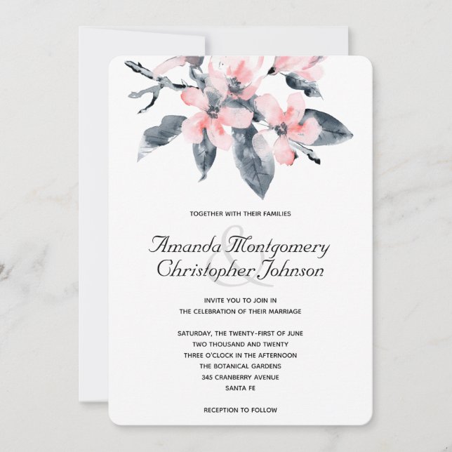 Invitation Fleurs rose et gris Mariage Aquarelle classique (Devant)