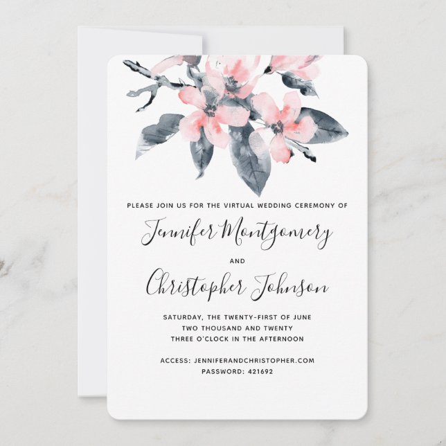 Invitation Fleurs rose et gris Mariage virtuel Aquarelle (Devant)