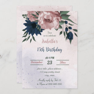 Invitation fleurs rose et marine anniversaire botanique