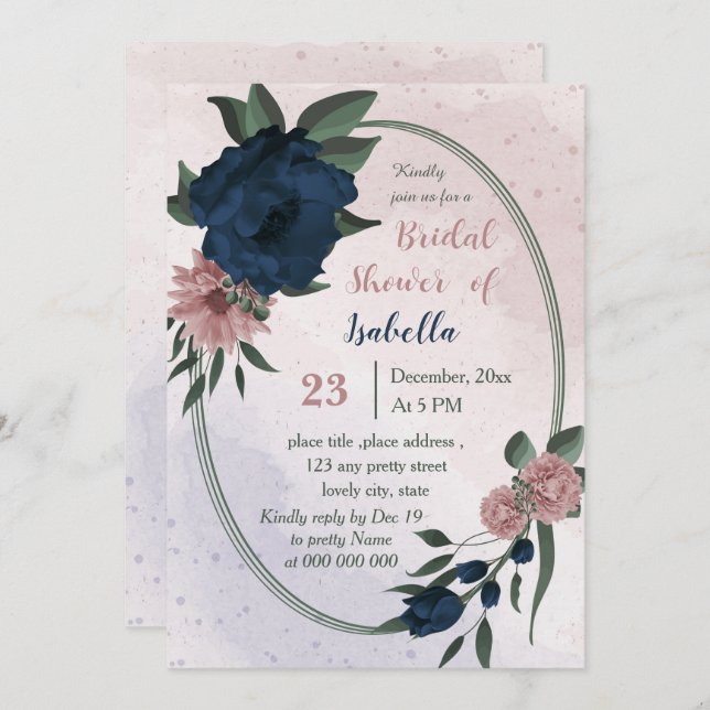 Invitation fleurs rose et marine douche nuptiale géométrique (Devant / Derrière)