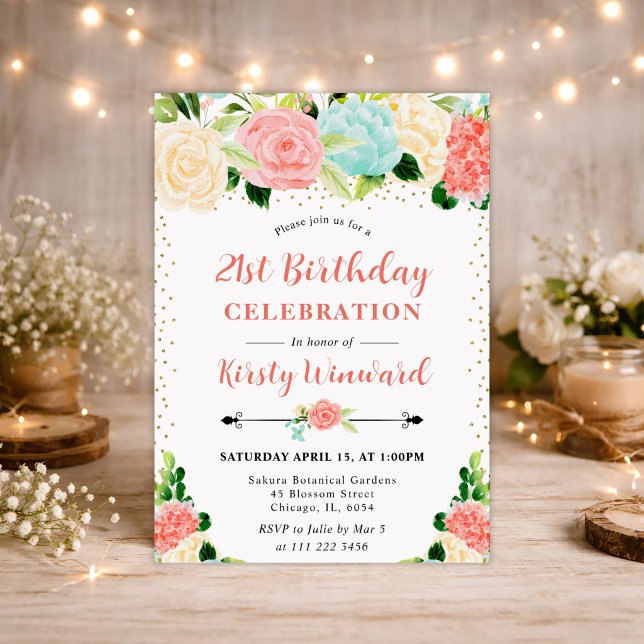 Invitation Fleurs rose et menthe à l'aquarelle 21e anniversai (Créateur téléchargé)