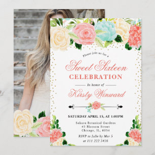 Invitation Fleurs rose et menthe à l'aquarelle Photo Sweet 16