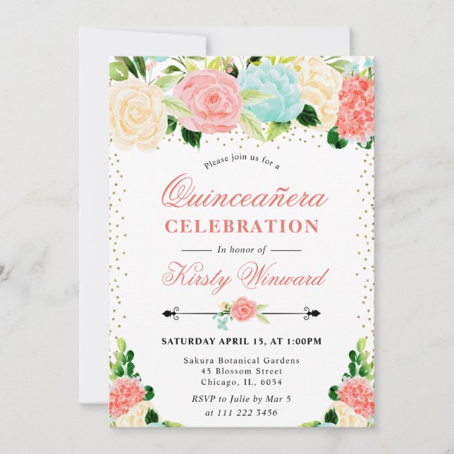 Invitation Fleurs rose et menthe à l'aquarelle pour Quinceañe (Devant)