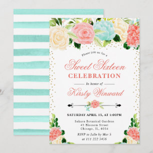 Invitation Fleurs rose et menthe à l'aquarelle pour un Sweet 