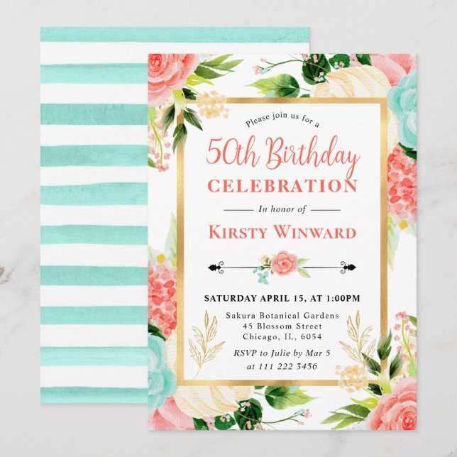 Invitation Fleurs rose et menthe aquarelle 50e anniversaire (Devant / Derrière)