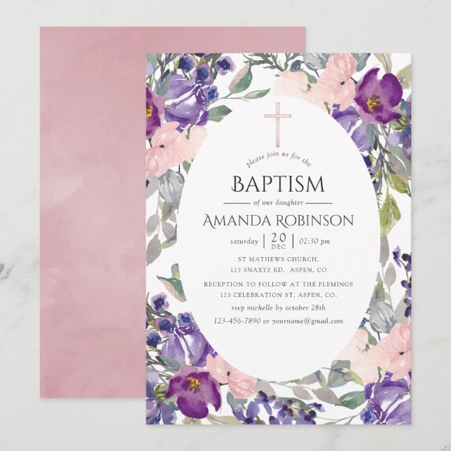 Invitation Fleurs rose et prune pour baptême (Devant / Derrière)