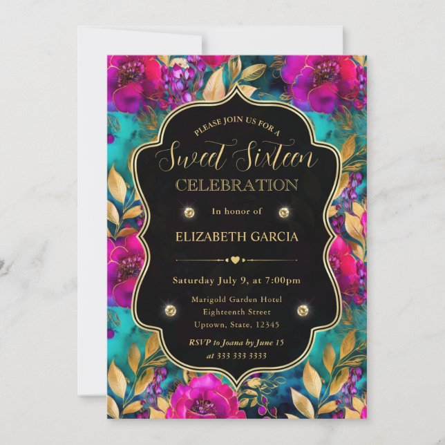 Invitation Fleurs Rose et Sarcelle Aquarelle Sweet 16 (Devant)
