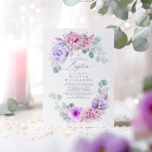 Invitation Fleurs rose et violet clair Eucalyptus Baptême