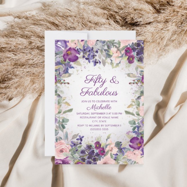 Invitation Fleurs rose et violet pour 50 ans et Incroyable (Créateur téléchargé)