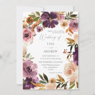 Invitation Fleurs rose et violet pour mariage V3 grand format