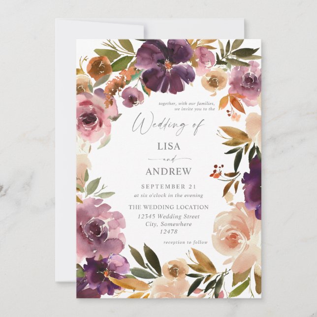 Invitation Fleurs rose et violet pour mariage V3 grand format (Devant)