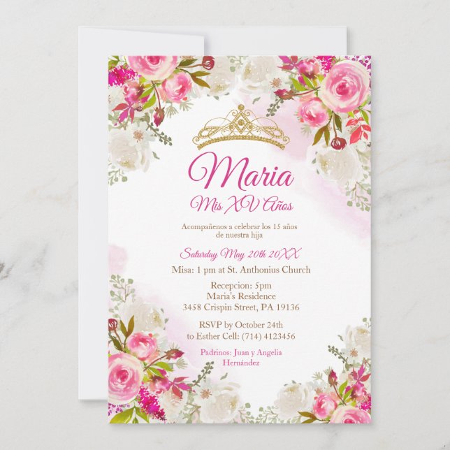 Invitation Fleurs rose Fuchsia Mis XV Anos Anniversaire  (Devant)
