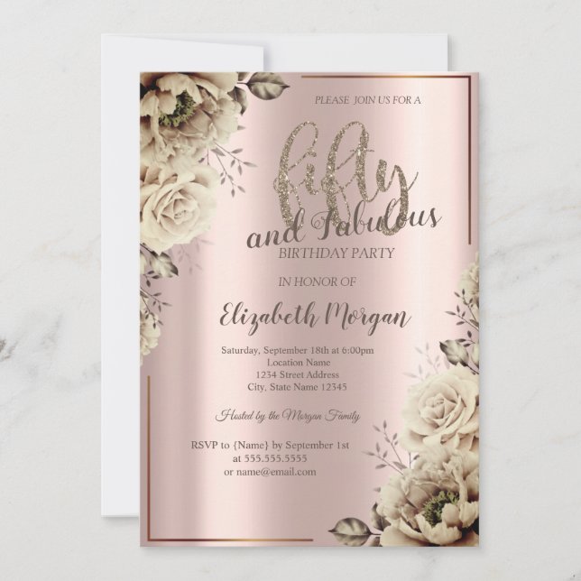Invitation Fleurs Rose Gold Fête d'anniversaire 50 ans (Devant)