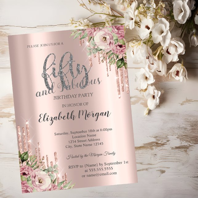 Invitation Fleurs Rose Gold Glitter Drips 50e Anniversaire (Créateur téléchargé)