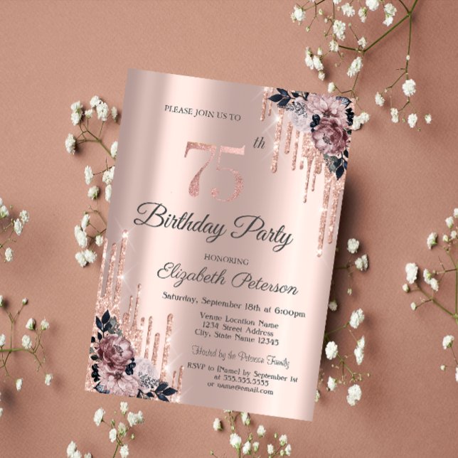 Invitation Fleurs Rose Gold Glitter Drips 75e Anniversaire (Créateur téléchargé)