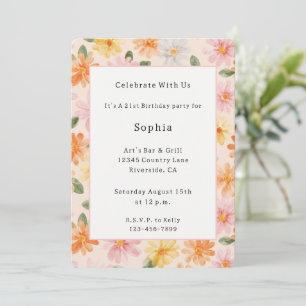 Invitation Fleurs Rose Jaune Bleu Anniversaire Pêche  