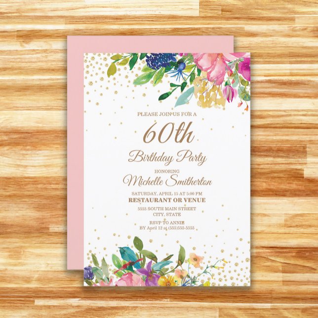 Invitation Fleurs rose jaune bleu Paillettes dorées 60e anniv (Pink, yellow, and blue watercolor floral 60th birthday party invitation)