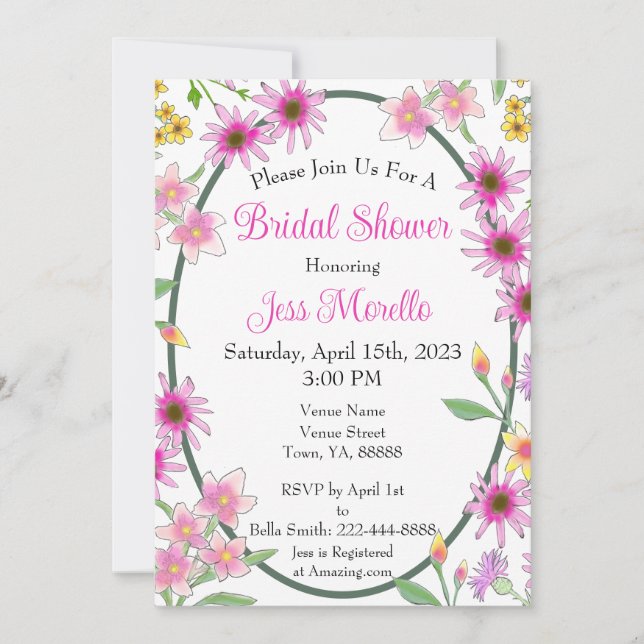 Invitation Fleurs rose jaune Fête des mariées d'aquarelle ver (Devant)