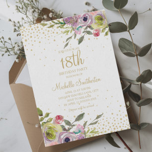 Invitation Fleurs rose jaune Paillettes dorées 18e anniversai