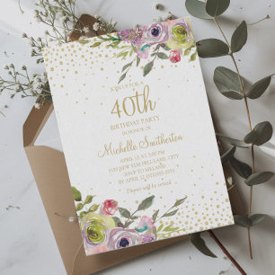 Invitation Fleurs rose jaune Paillettes dorées 40e anniversai