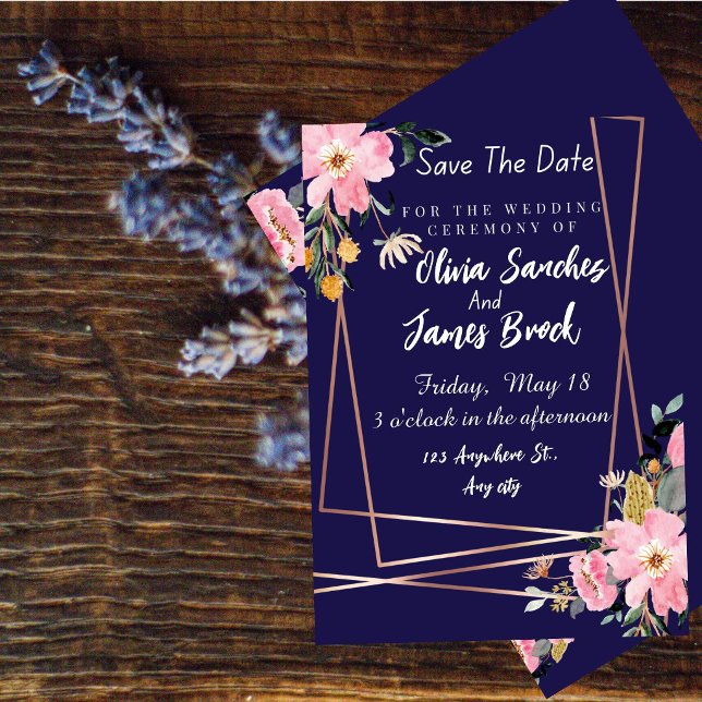 Invitation Fleurs rose Mariage Bleu Marine Rustique  (Créateur téléchargé)