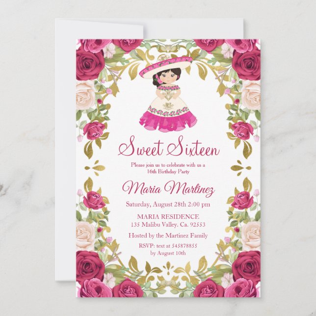 Invitation Fleurs rose mexicaine Douce 16 Anniversaire   (Devant)
