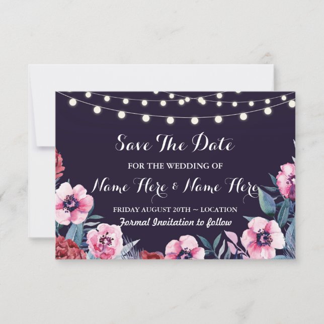 Invitation Fleurs Rose Navy Bourgogne Enregistrer  (Devant)