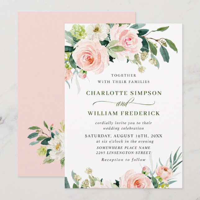 Invitation Fleurs Rose Pâle Aquarelle Mariage de Verdure (Devant / Derrière)