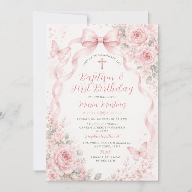 Invitation Fleurs rose pâle Baptême & 1er anniversaire Papill (Devant)