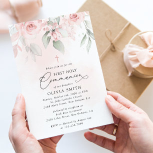 Invitation Fleurs Rose Pâle, Feuillage, Première Communion So