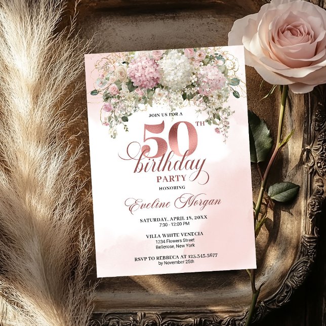 Invitation Fleurs Rose Pâle Or Rose 50e Anniversaire  (Blush Pink Flowers Rose Gold 50th Birthday Party Invitation

)