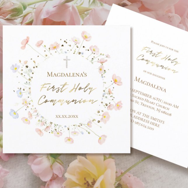 Invitation fleurs rose pâle Première communion sainte Invitat (Créateur téléchargé)