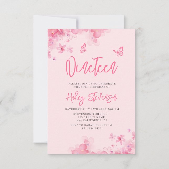 Invitation Fleurs rose pastel aquarelle douce 19e Anniversair (Devant)