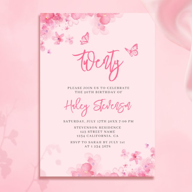 Invitation Fleurs rose pastel aquarelle douce 20e anniversair (Créateur téléchargé)