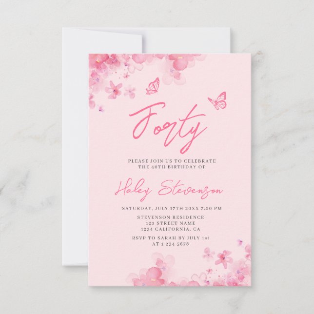 Invitation Fleurs rose pastel aquarelle douce 40e anniversair (Devant)