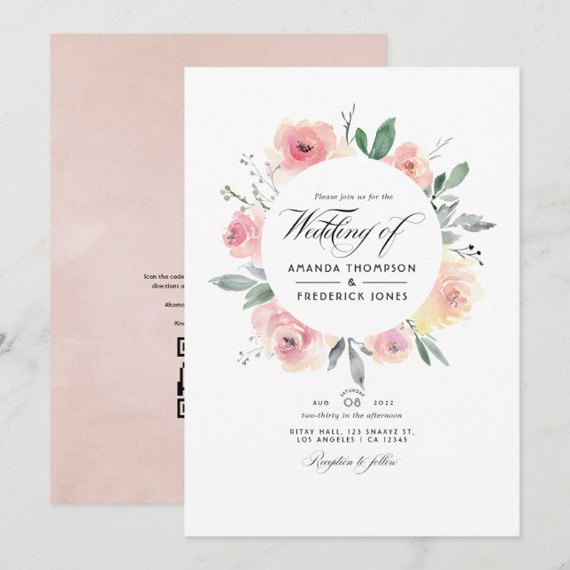 Invitation Fleurs rose pastel et code QR RSVP Mariage (Devant / Derrière)