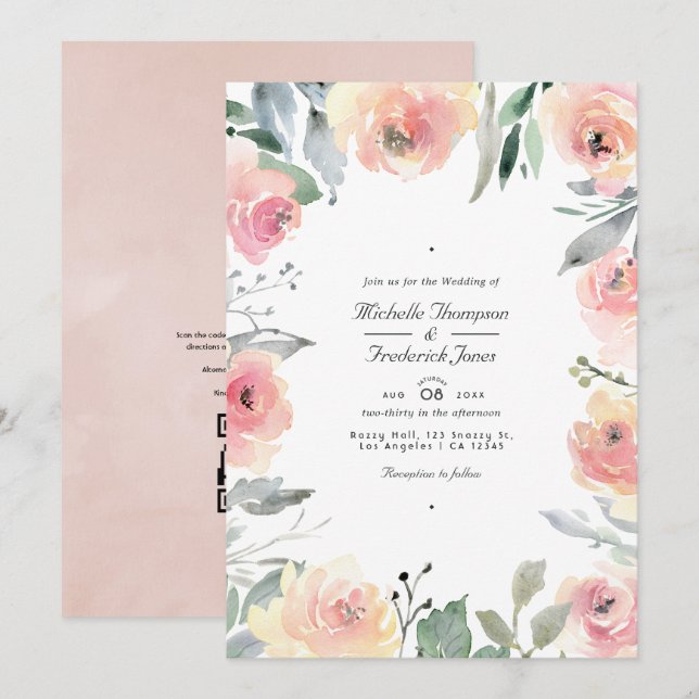 Invitation Fleurs rose pastel et code QR RSVP pour mariage (Devant / Derrière)