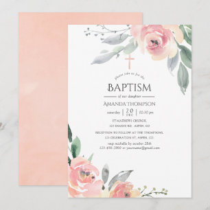 Invitation Fleurs rose pastel pour baptême