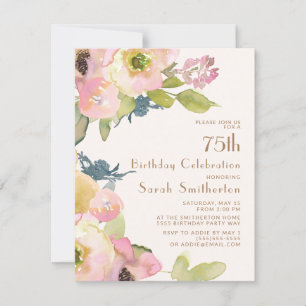 Invitation Fleurs rose poudré et feuilles vert sauge pour 75e