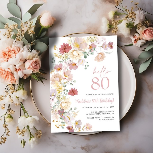 Invitation Fleurs rose poudré pour 80e anniversaire (Créateur téléchargé)