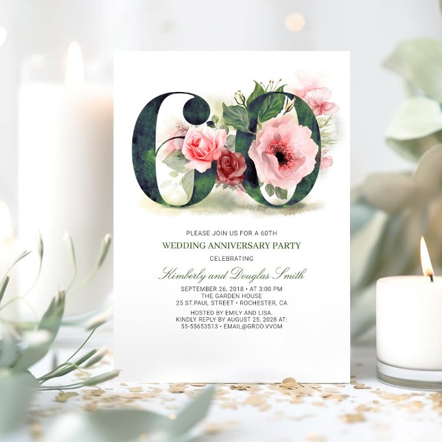 Invitation Fleurs rose poudré pour les 60 ans de mariage (60th Wedding Anniversary Invitations)